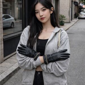 Genuine leather gloves w/gold decorative chain